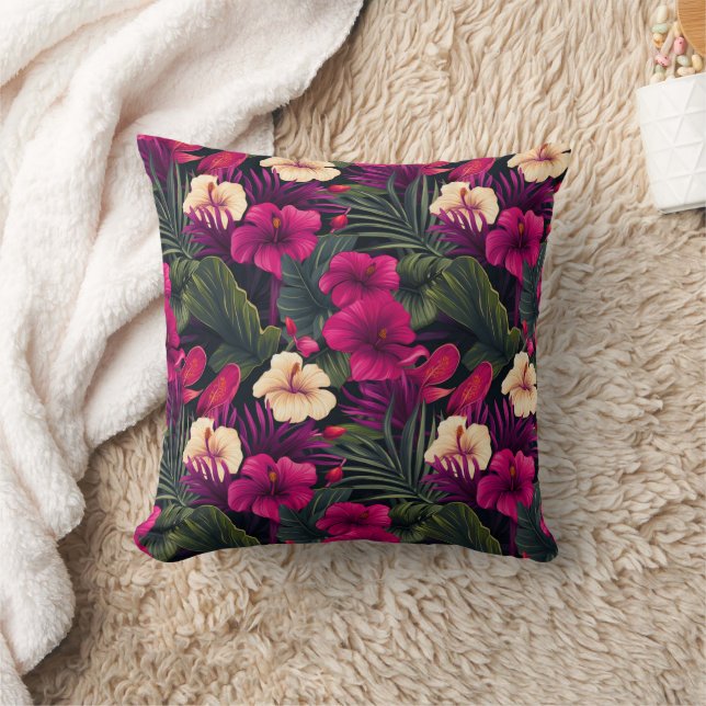 Tropical Pink Flowers Leaves Pattern Throw Pillow (Blanket)