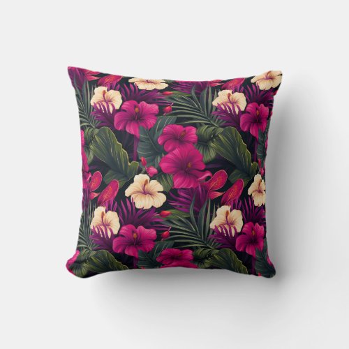 Tropical Pink Flowers Leaves Pattern Throw Pillow
