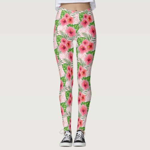 Tropical Pink Flowers Leggings