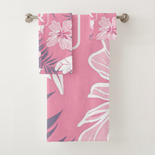 Tropical pink flowers Monogram fleece blanket Bath Towel Set