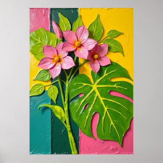 Tropical Pink Flowers Monstera Leaf Bold Art Poste Poster