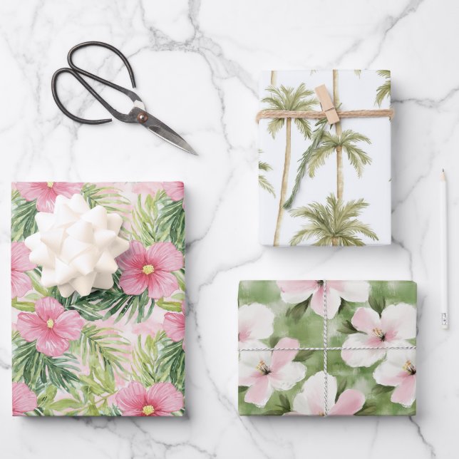 Tropical Pink Flowers Palm Trees Wedding Wrapping Paper Sheets (Front)