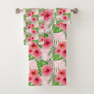 Tropical Pink Flowers Pattern Bath Towel Set