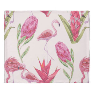 Tropical pink flowers, protea, bird of paradise fl duvet cover