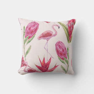 Tropical pink flowers, protea, bird of paradise fl throw pillow