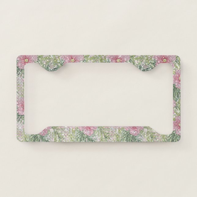 Tropical Pink Flowers Sparkle License Plate Frame (Front)