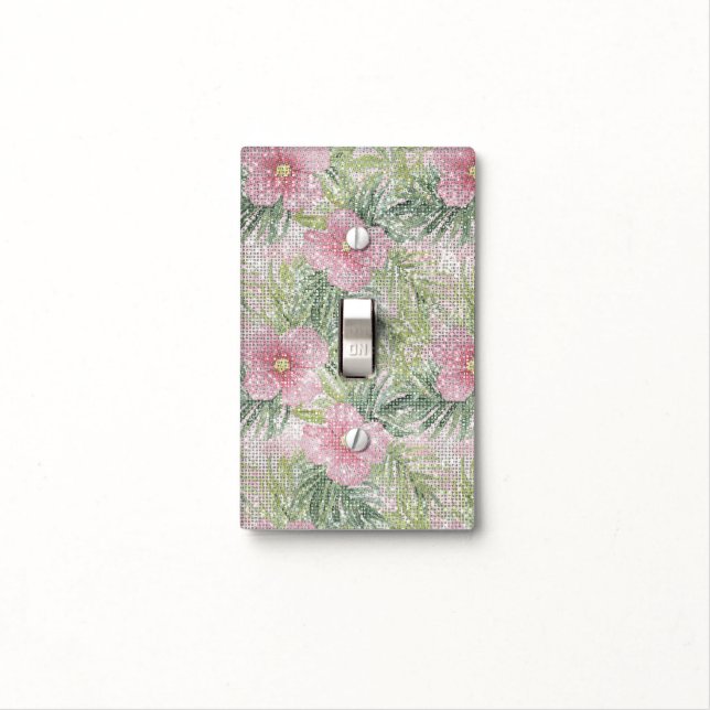 Tropical Pink Flowers Sparkle Light Switch Cover (In Situ)
