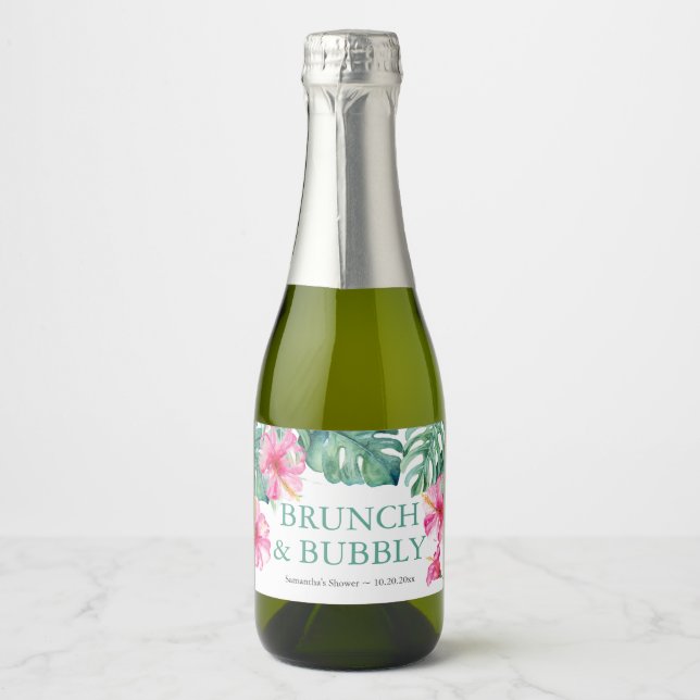 Tropical Pink Flowers Watercolor Sparkling Wine Label (Front)