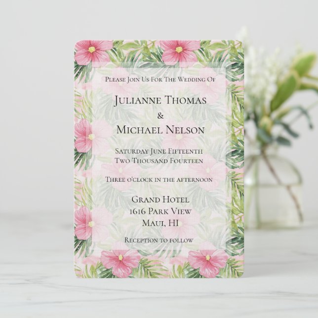 Tropical Pink Flowers Wedding Invitation (Standing Front)