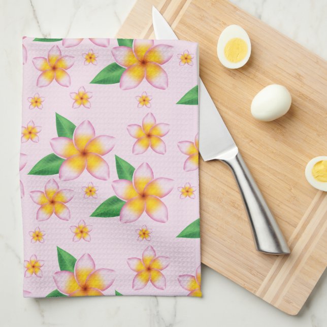 Tropical Pink Frangipani Flower Pattern Kitchen Towel (Quarter Fold)