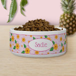 Tropical Pink Frangipani Flowers & Custom Name Bowl<br><div class="desc">Destei's illustrated frangipani flowers in pink color. There is also an oval shape banner that has a personalizable text area for the name of the pet.</div>