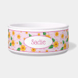 Tropical Pink Frangipani Flowers & Custom Name Bowl<br><div class="desc">Destei's illustrated frangipani flowers in pink color. There is also an oval shape banner that has a personalizable text area for the name of the pet.</div>