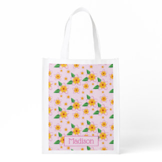 Tropical Pink Frangipani Flowers & Custom Name Grocery Bag