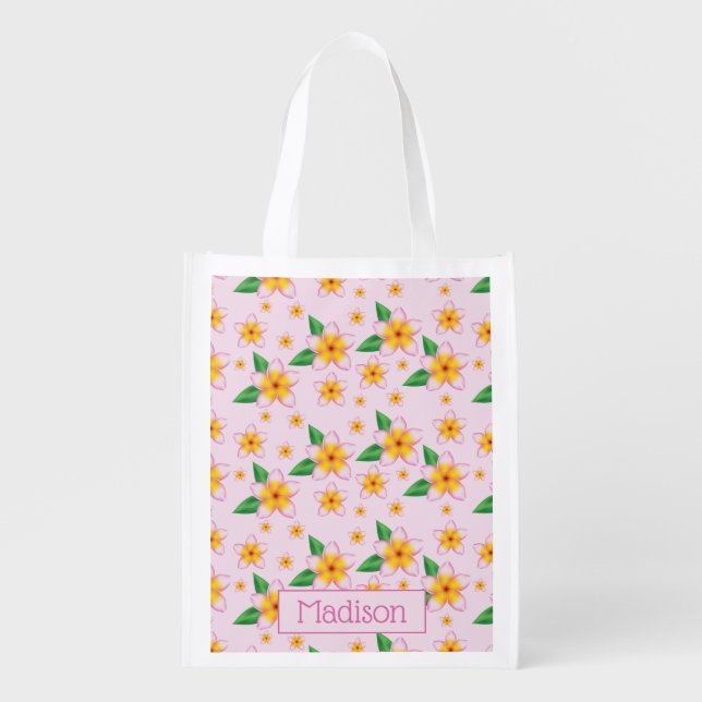 Tropical Pink Frangipani Flowers & Custom Name Grocery Bag (Front)