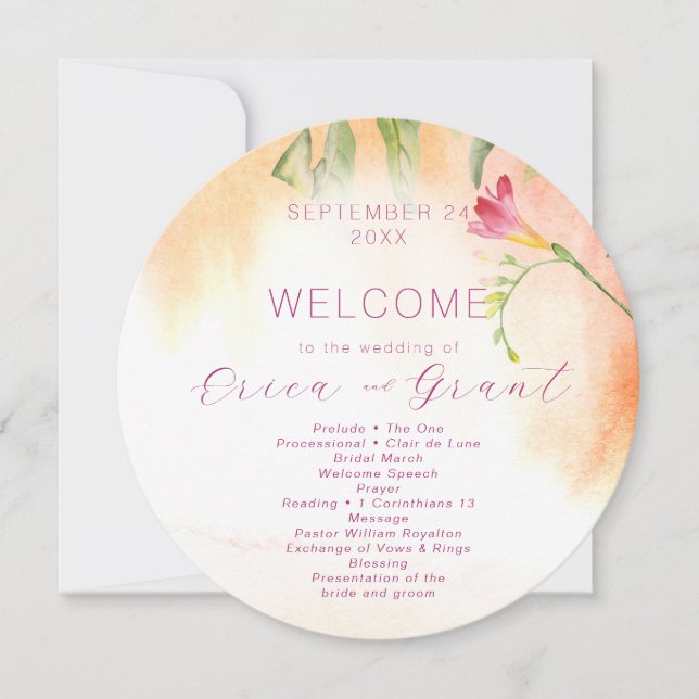 Tropical Pink Freesia Watercolor Wedding Program (Front)