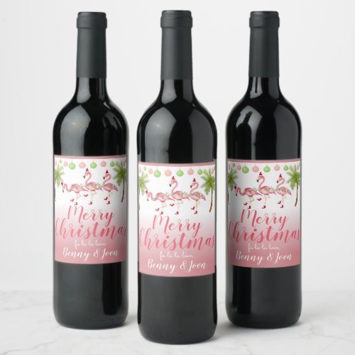 Tropical Pink Girly Christmas Flamingo Watercolor Wine Label