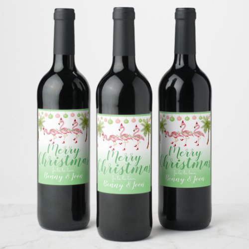 Tropical Pink Girly Christmas Flamingo Watercolor Wine Label