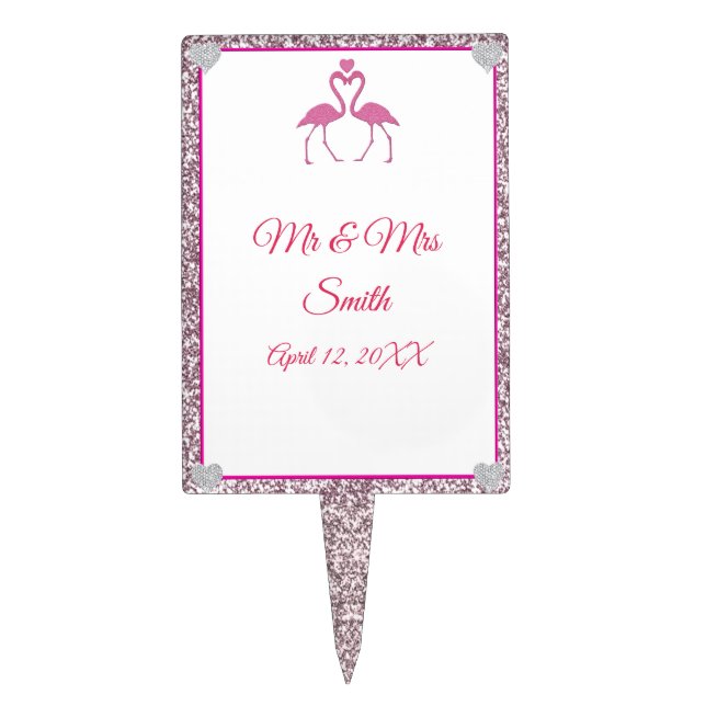 Tropical Pink Glitter Flamingo Wedding Cake Topper (Front)