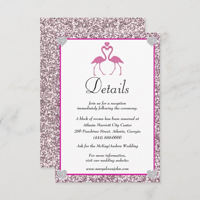 Tropical Pink Glitter Flamingo Wedding Details Enclosure Card (Front/Back)
