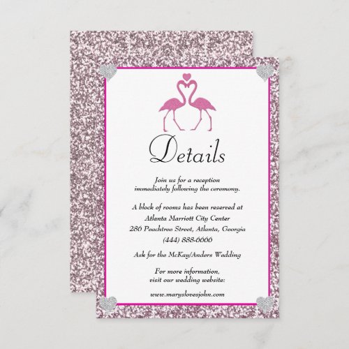 Tropical Pink Glitter Flamingo Wedding Details Enclosure Card