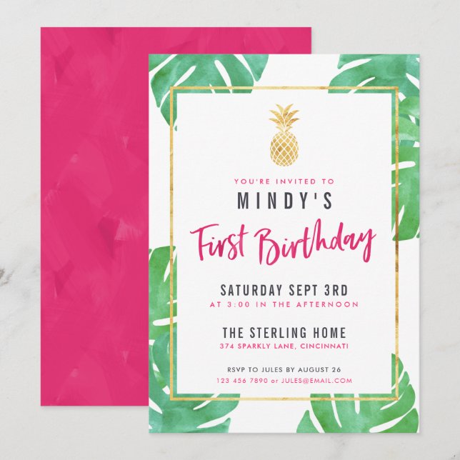 Tropical Pink & Gold 1st Birthday Party Invitation (Front/Back)