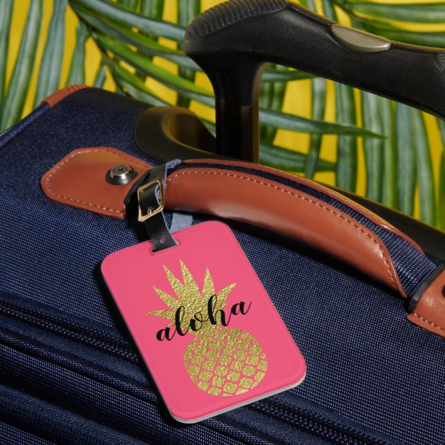 Tropical Pink Gold Aloha Pineapple Luggage Tag (Front Insitu 1)