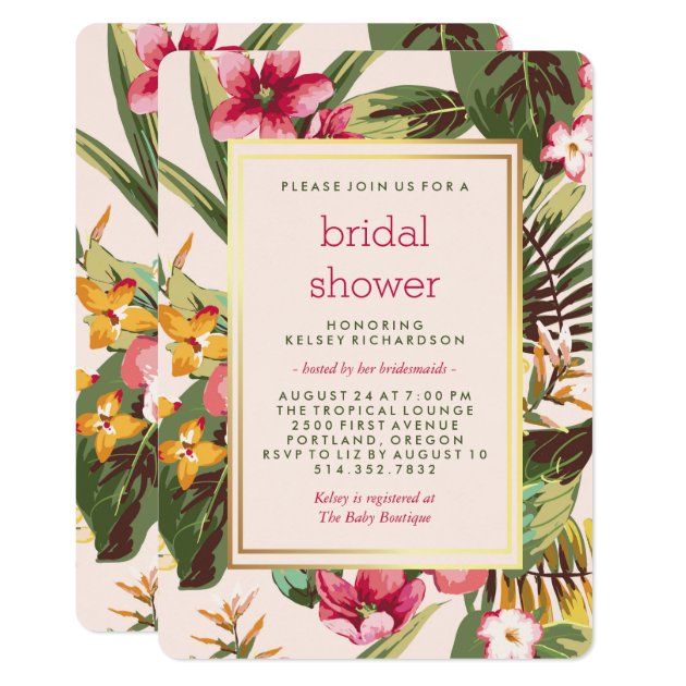 Tropical Pink Gold And Green Bridal Shower Invitation