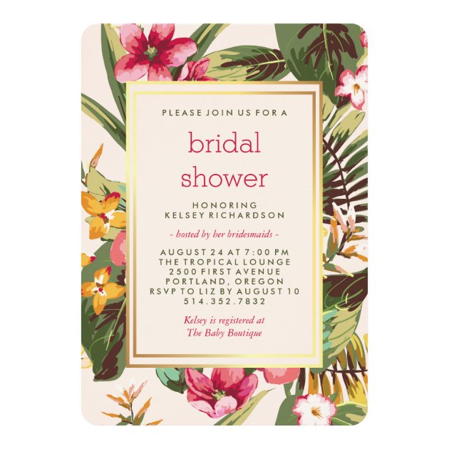 Tropical Pink Gold And Green Bridal Shower Invitation