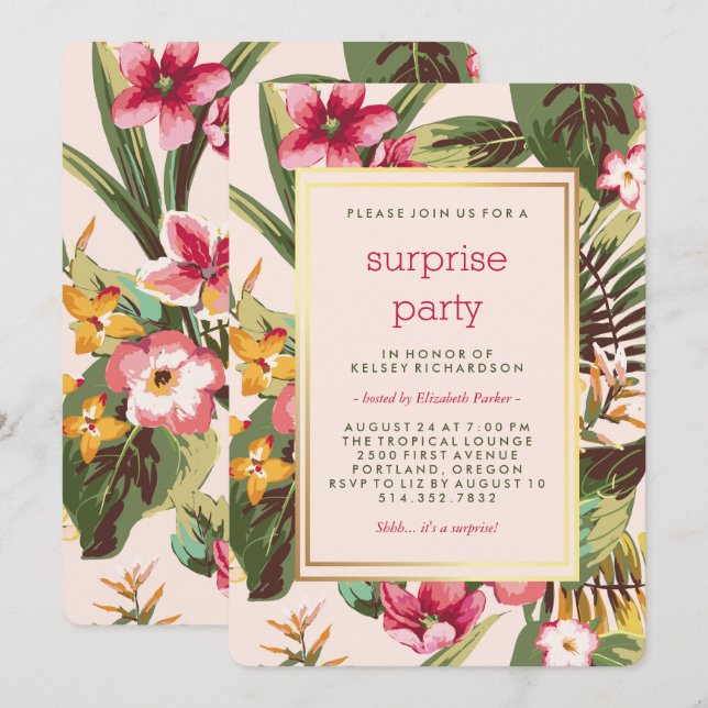 Tropical Pink Gold and Green Surprise Party Invitation (Front/Back)