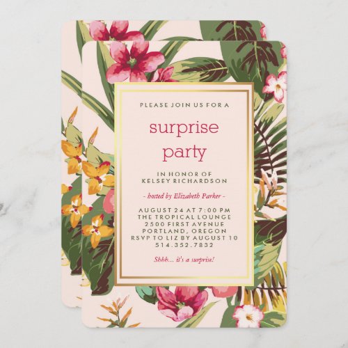Tropical Pink Gold and Green Surprise Party Invitation