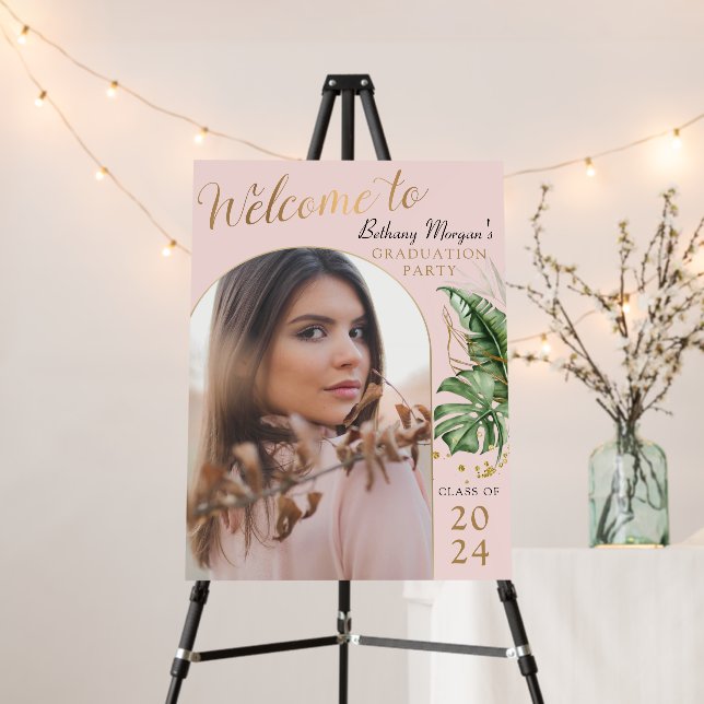 Tropical Pink Gold Arch Photo Graduation Welcome Foam Board (In Situ (Stand))