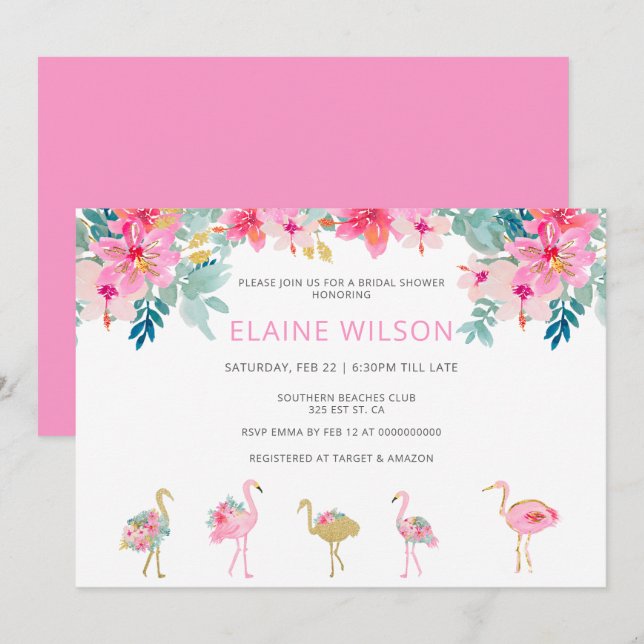 Tropical Pink Gold Flamingo Bridal Shower Invitation (Front/Back)