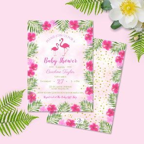 Tropical Pink Gold Flamingo Floral Baby Shower Invitation