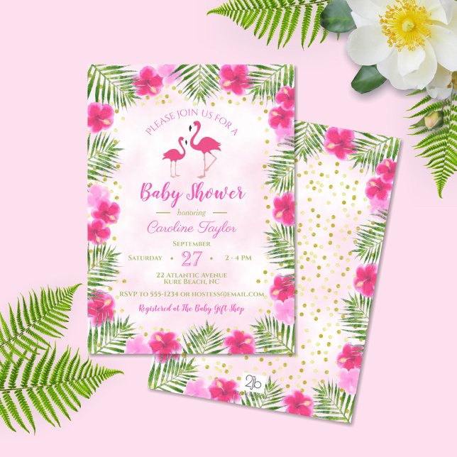 Tropical Pink Gold Flamingo Floral Baby Shower Invitation (Creator Uploaded)