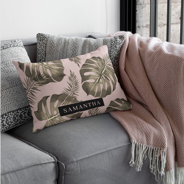 Tropical Pink & Gold Palm Leaves Pattern & Name  Accent Pillow (Creator Uploaded)