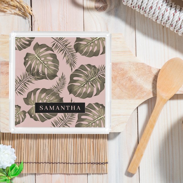 Tropical Pink & Gold Palm Leaves Pattern & Name  Acrylic Tray (Creator Uploaded)