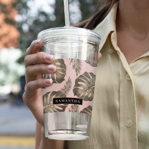 Tropical Pink & Gold Palm Leaves Pattern & Name  Acrylic Tumbler