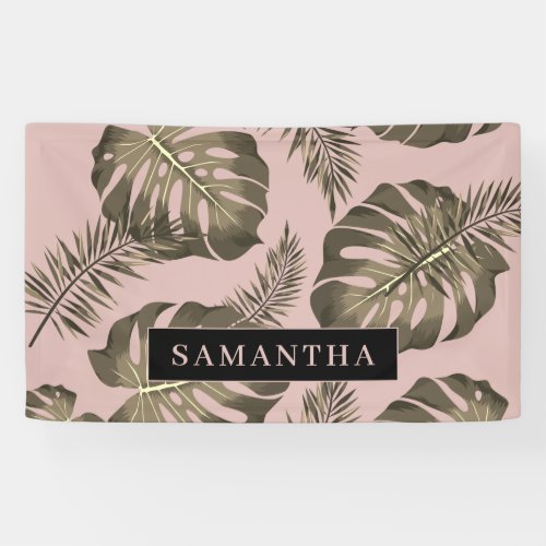 Tropical Pink  Gold Palm Leaves Pattern  Name   Banner