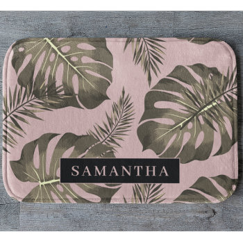 Tropical Pink & Gold Palm Leaves Pattern & Name  Bath Mat by LovePattern at Zazzle