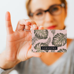 Tropical Pink & Gold Palm Leaves Pattern & Name Business Card