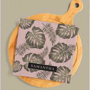 Tropical Pink & Gold Palm Leaves Pattern & Name Cloth Napkin