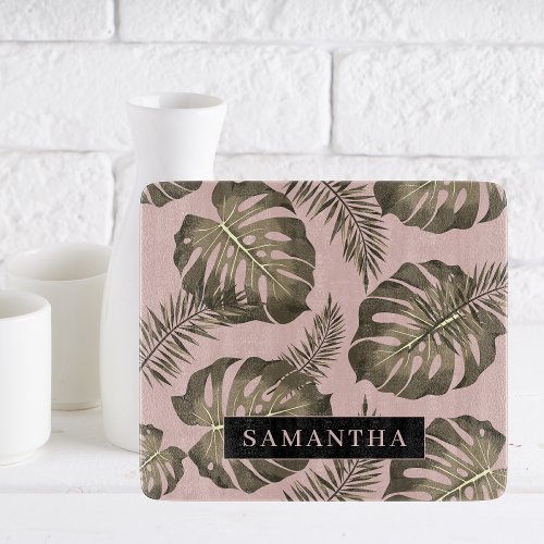 Tropical Pink  Gold Palm Leaves Pattern  Name   Cutting Board