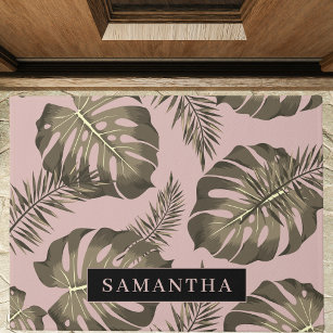 Tropical Pink & Gold Palm Leaves Pattern & Name  Doormat