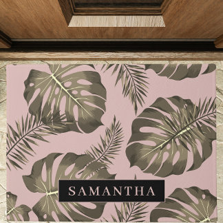 Tropical Pink & Gold Palm Leaves Pattern & Name Doormat