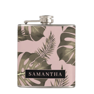 Tropical Pink & Gold Palm Leaves Pattern & Name Flask
