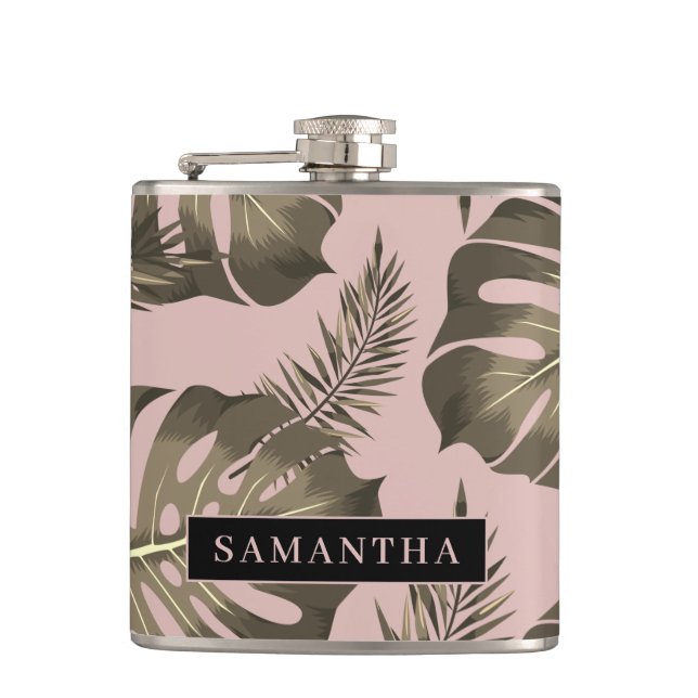 Tropical Pink & Gold Palm Leaves Pattern & Name   Flask (Front)