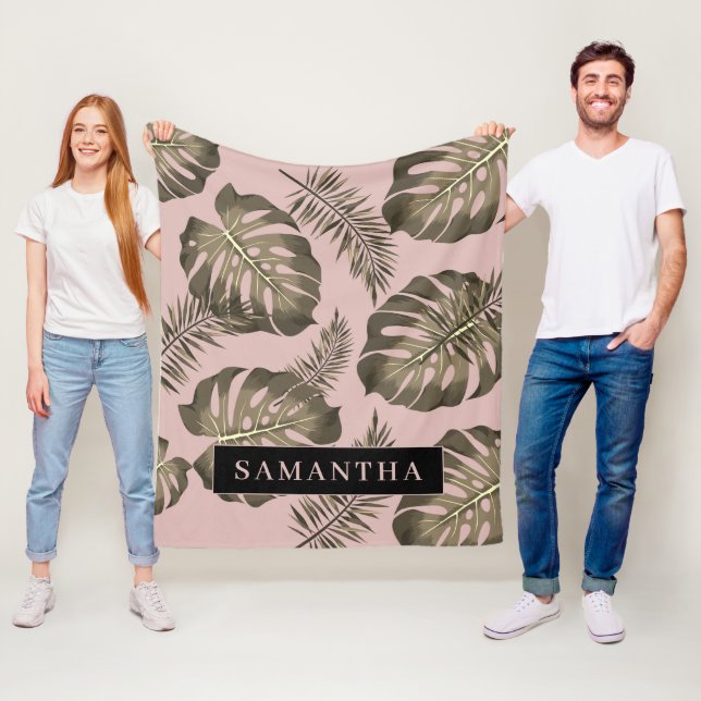 Tropical Pink & Gold Palm Leaves Pattern & Name  Fleece Blanket (In Situ)