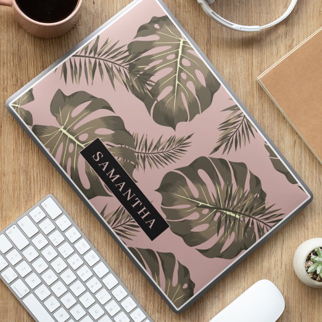 Tropical Pink & Gold Palm Leaves Pattern & Name  HP Laptop Skin (Creator Uploaded)