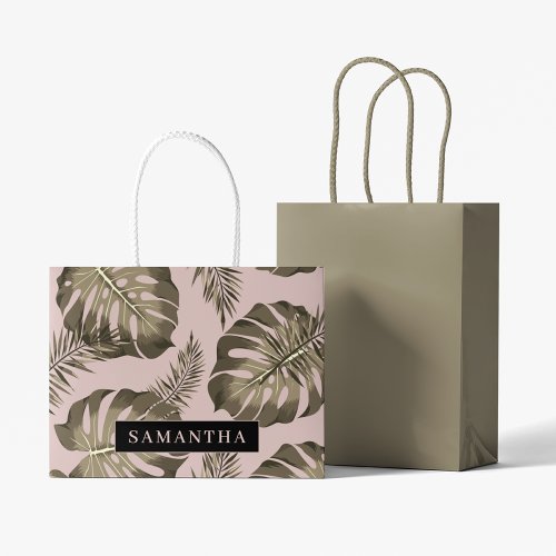 Tropical Pink  Gold Palm Leaves Pattern  Name  Large Gift Bag