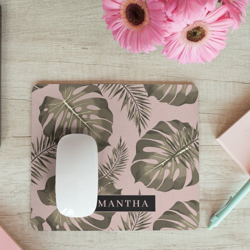 Tropical Pink  Gold Palm Leaves Pattern  Name  Mouse Pad